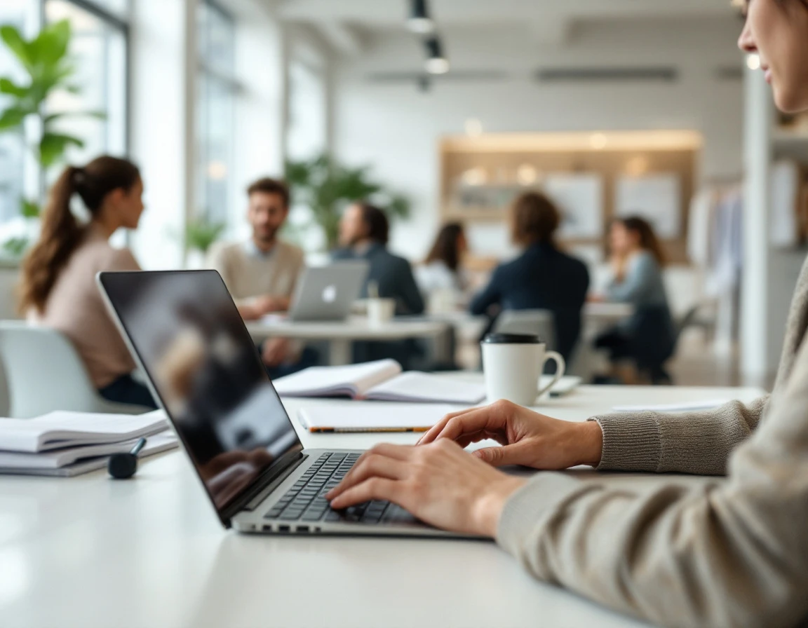 Retail employees engaged in self-directed training session with laptops and materials at contemporary workspace