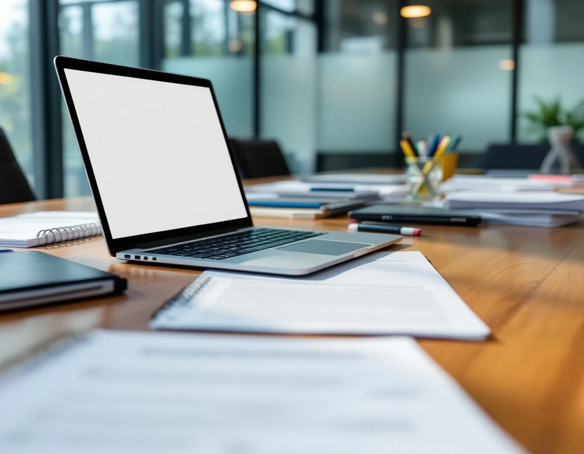 Training materials and laptop on conference table in corporate wellness compliance setting