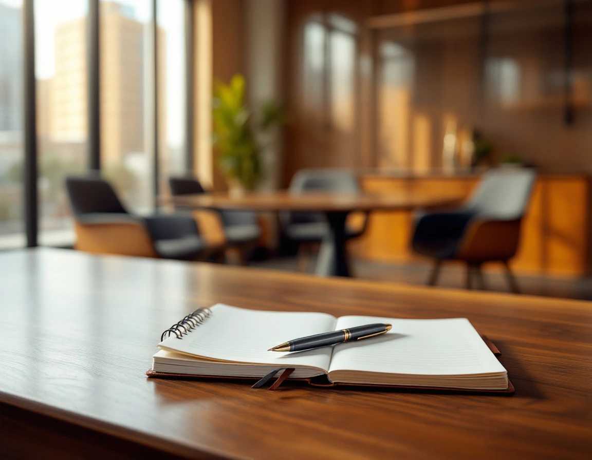 Wooden desk with notebook and pen in corporate meeting room with natural window lighting