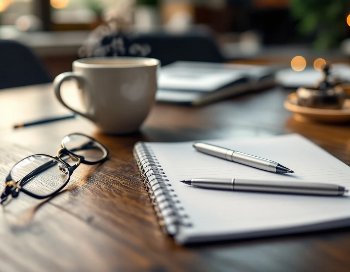 Workspace with blank notebook, pen, coffee, and glasses prepared for compliance training session