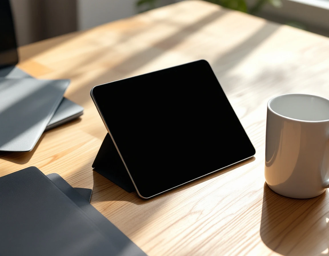 Clean office desk with tablet and coffee mug in natural window light suggesting training workspace
