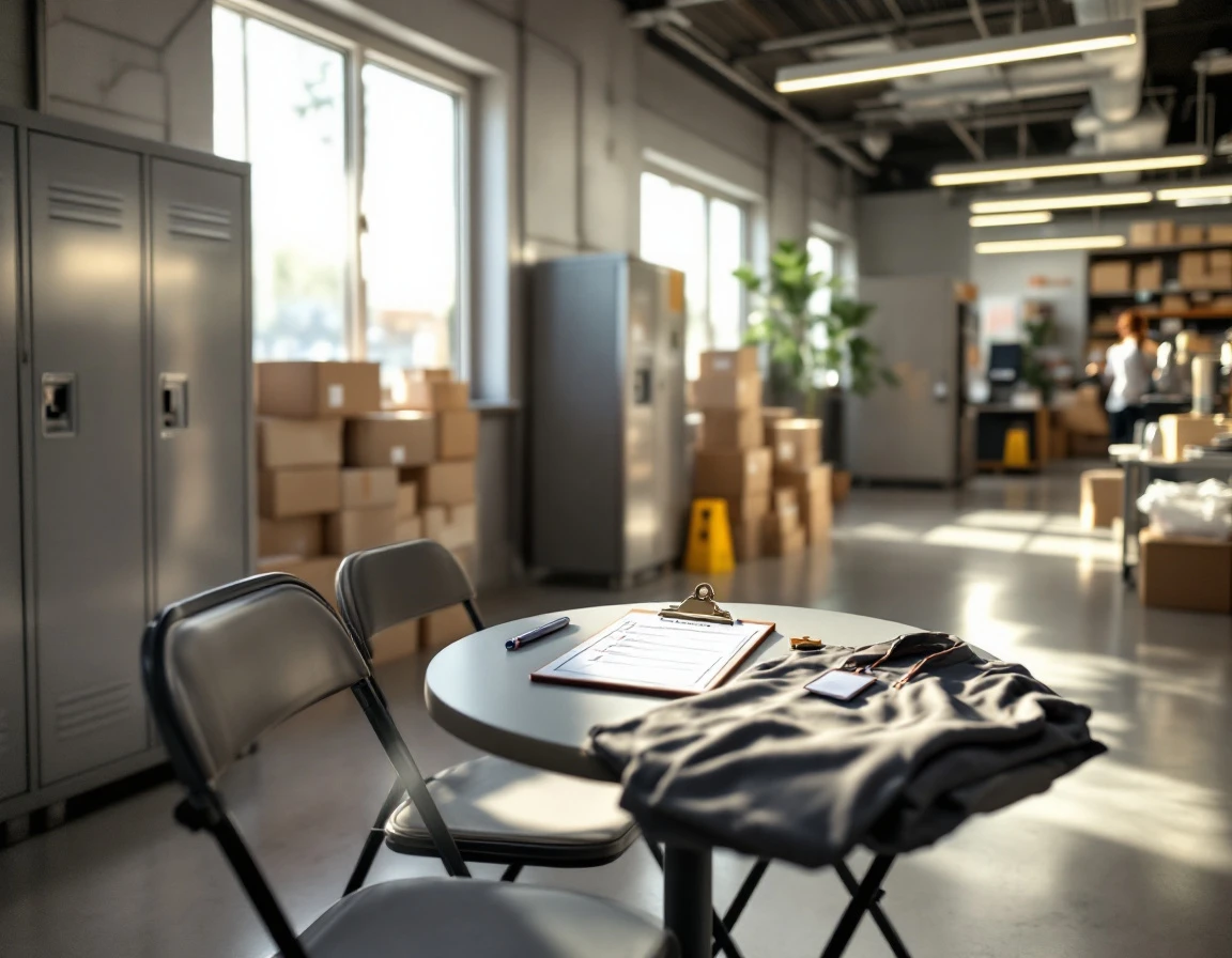 Retail employee training area with table, chairs, and onboarding materials in store back room