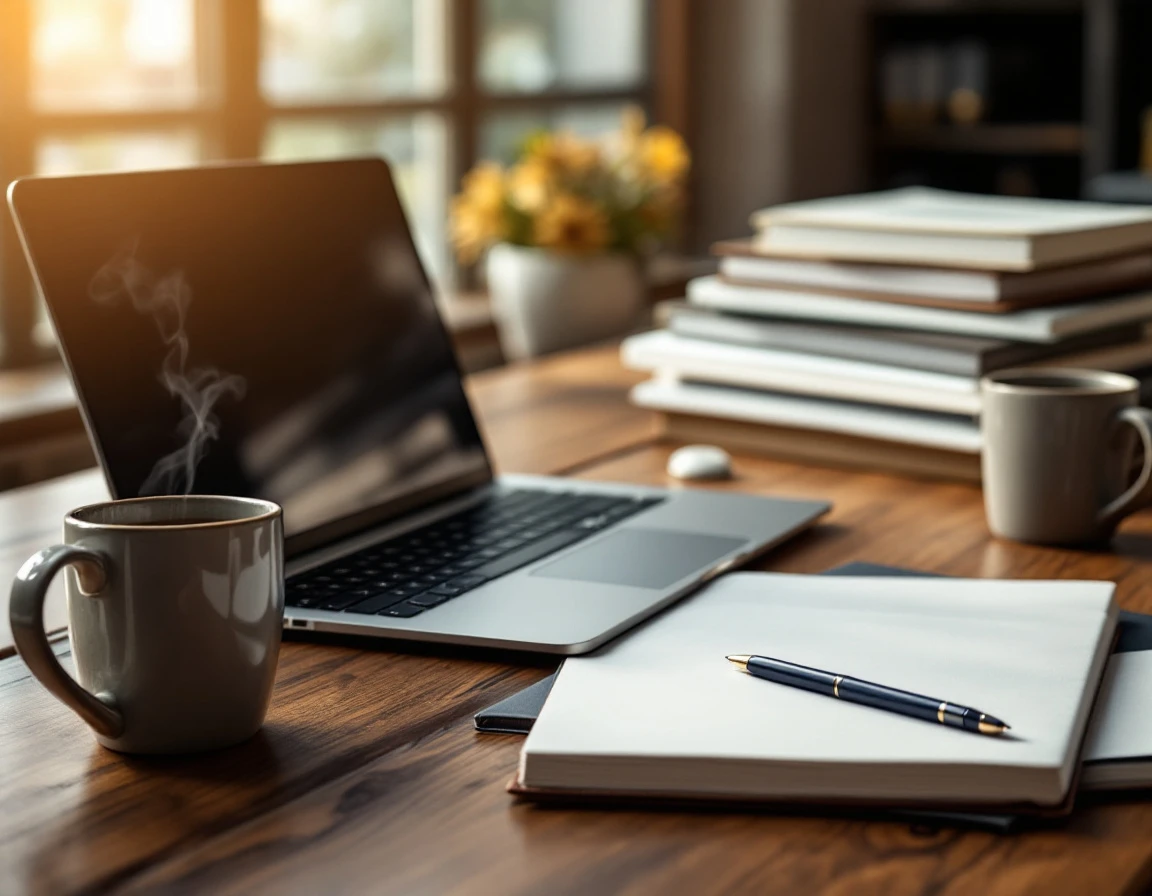 Professional workspace with laptop, notebook, and training materials on wooden desk