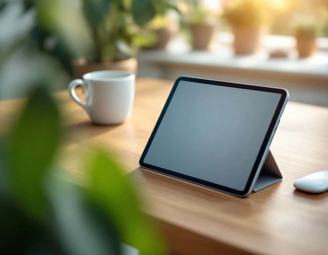 Tablet on wooden desk with coffee mug in office workspace showing employee training interface