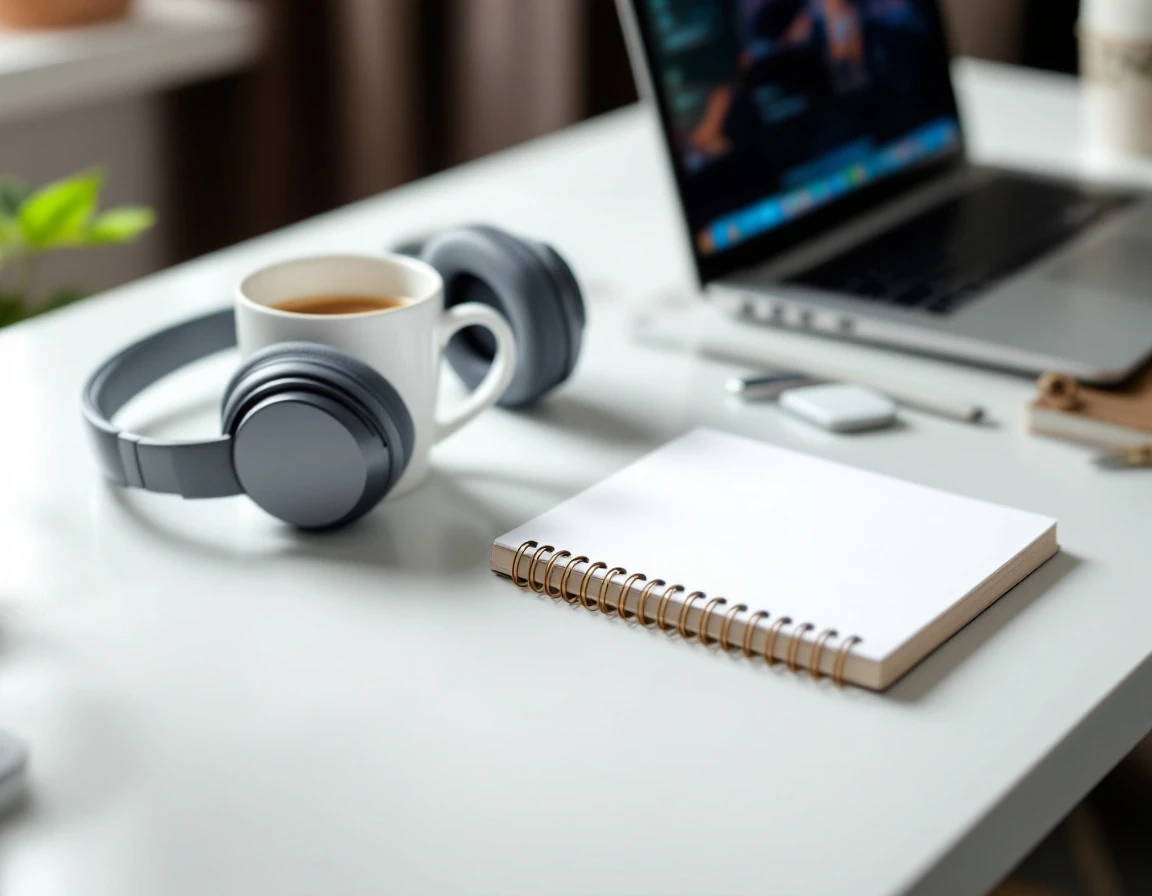 Modern workspace with coffee, headphones, and closed notepad showing professional learning environment