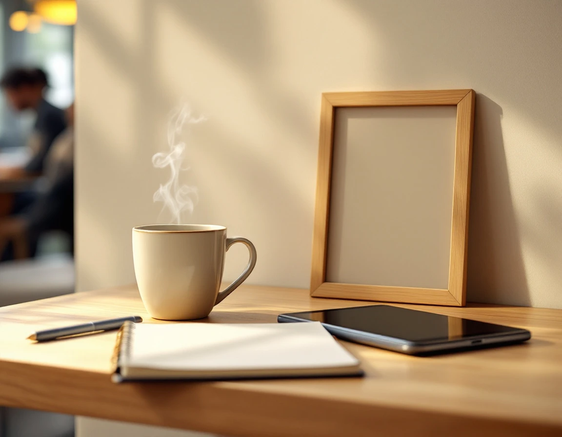 Closed tablet and notebook on wooden desk with coffee in soft café lighting showing distraction-free learning space