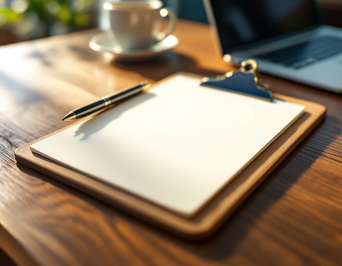 Clipboard with blank notepad and pen on café table prepared for coaching conversation