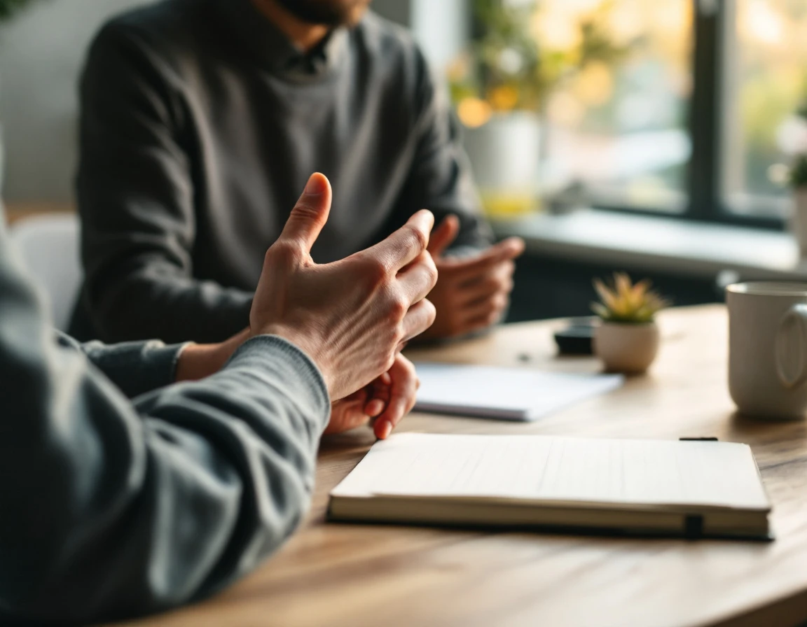 Manager's hands gesturing during supportive coaching conversation at desk with coffee and notebook