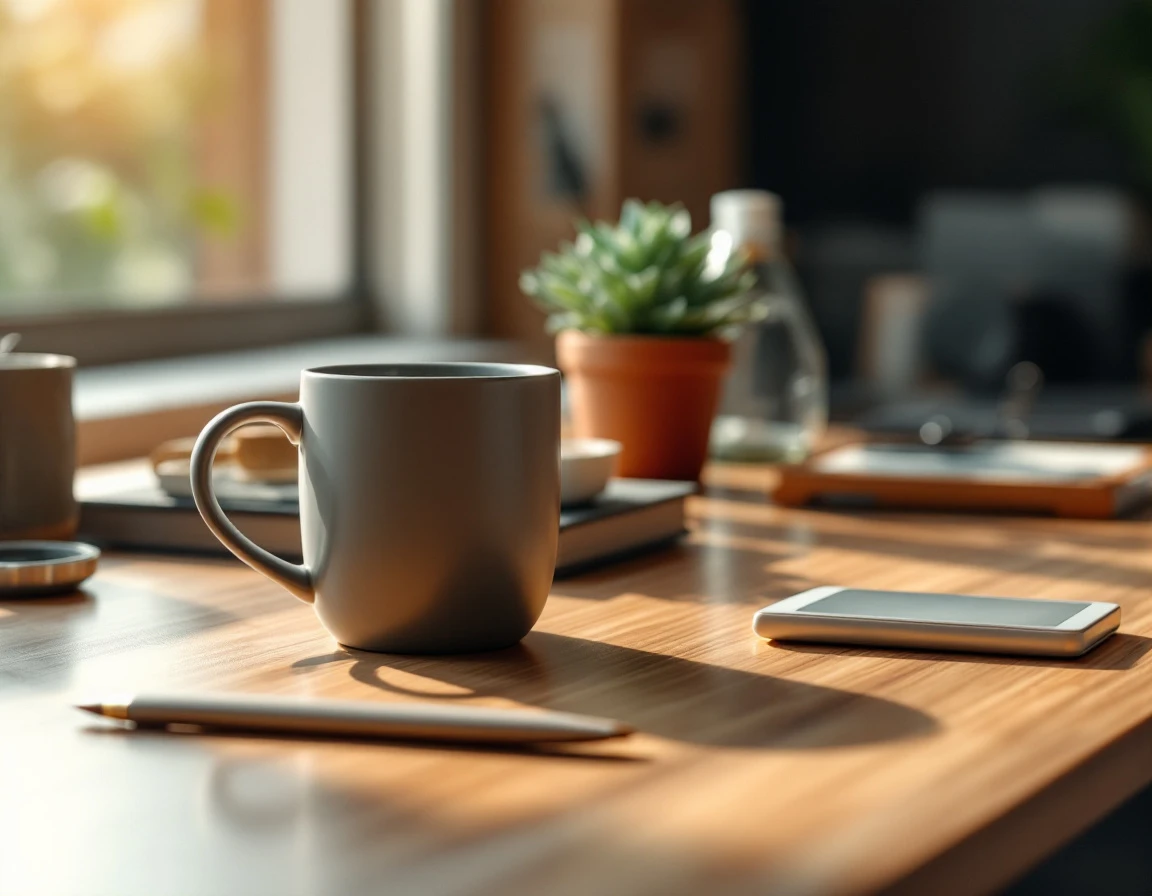 Modern workspace desk with coffee mug and office accessories in natural morning light