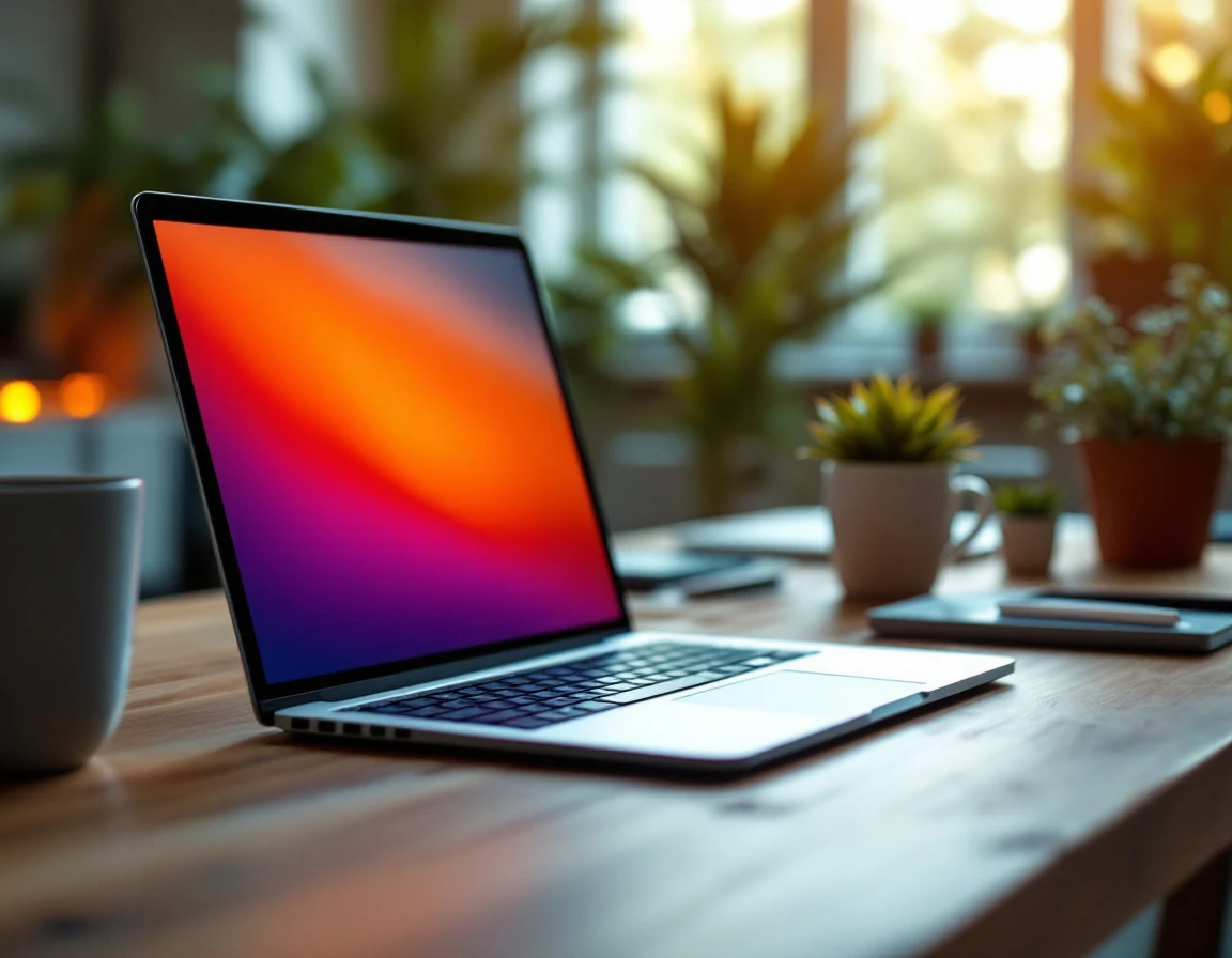Modern workspace with laptop and coffee mug in warm natural office lighting
