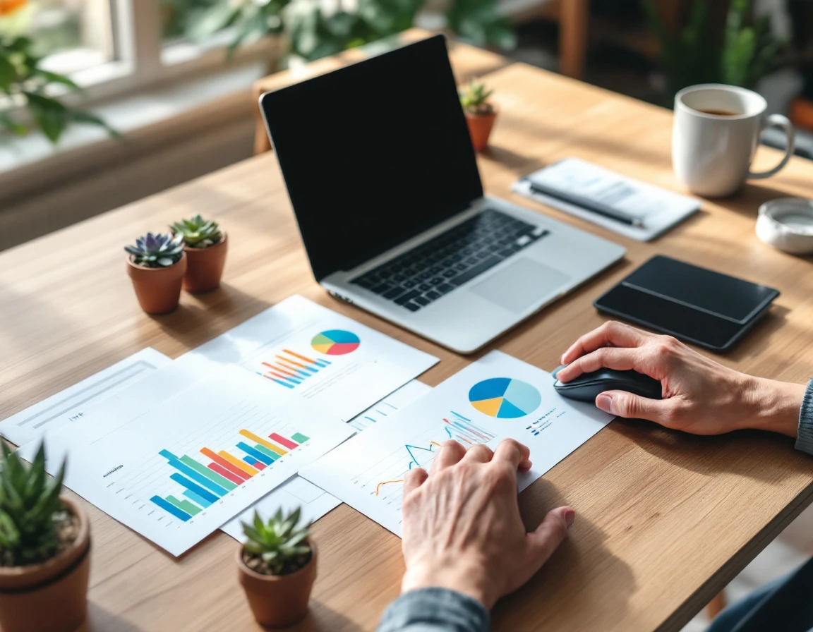 Professional desk workspace with printed analytics charts, coffee, and succulents in focused detail