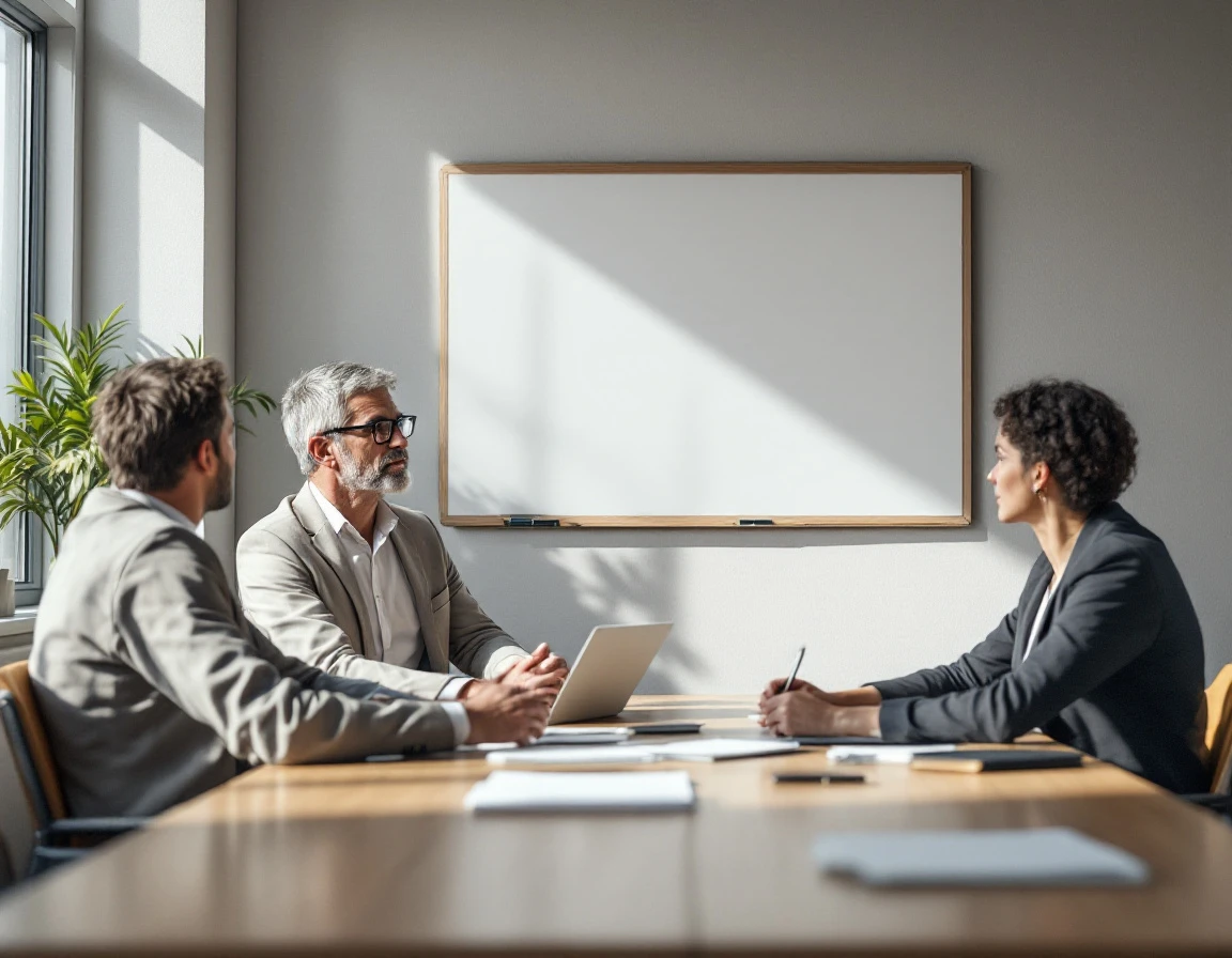 Professional hands at training table with blank whiteboard in naturally lit office environment