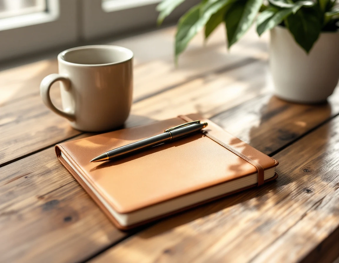 Wooden desk workspace with coffee mug, leather notebook, and natural lighting for professional onboarding environment