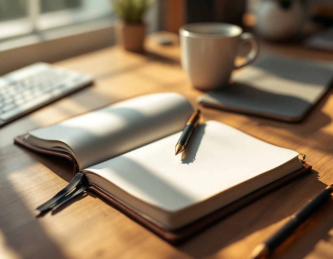 Open notebook and pen on office desk with natural lighting suggesting manager development tracking