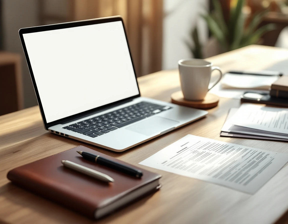 Professional workspace with laptop, leather notebooks, and coffee setup for manager training and development