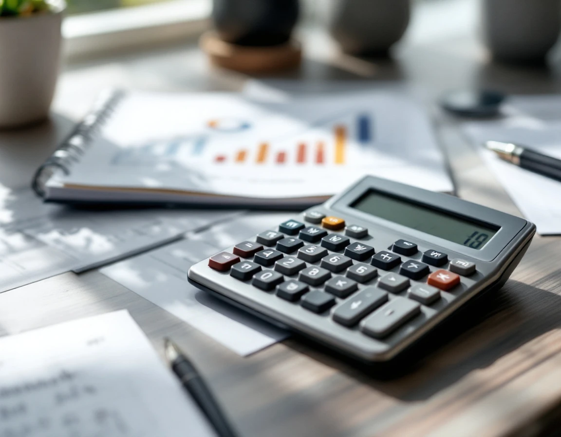Financial calculator and business reports showing performance metrics and ROI analysis on office desk