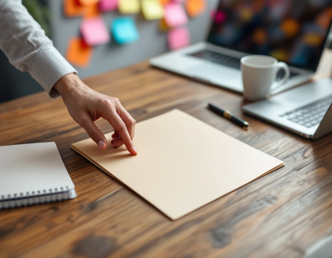 Hand reaching toward blank folder on office desk with pen, notebook, laptop, and coffee mug in natural lighting