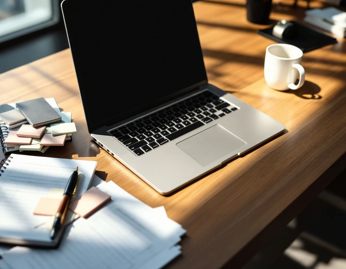 Organized workspace with laptop and planning materials for structured onboarding preparation