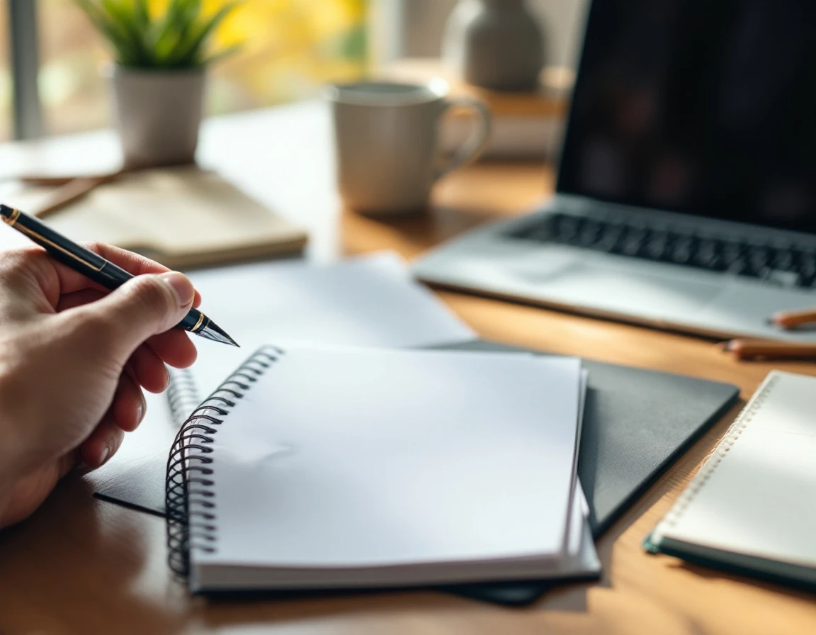 Hand with pen over blank planner on wooden desk with laptop and office supplies in soft focus background