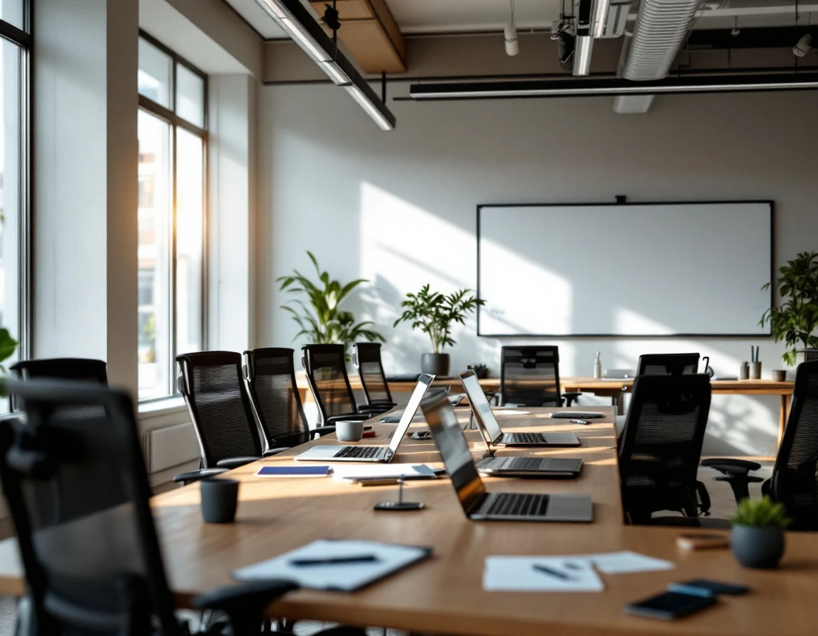 Modern corporate training workspace with laptops and materials prepared for employee skill development