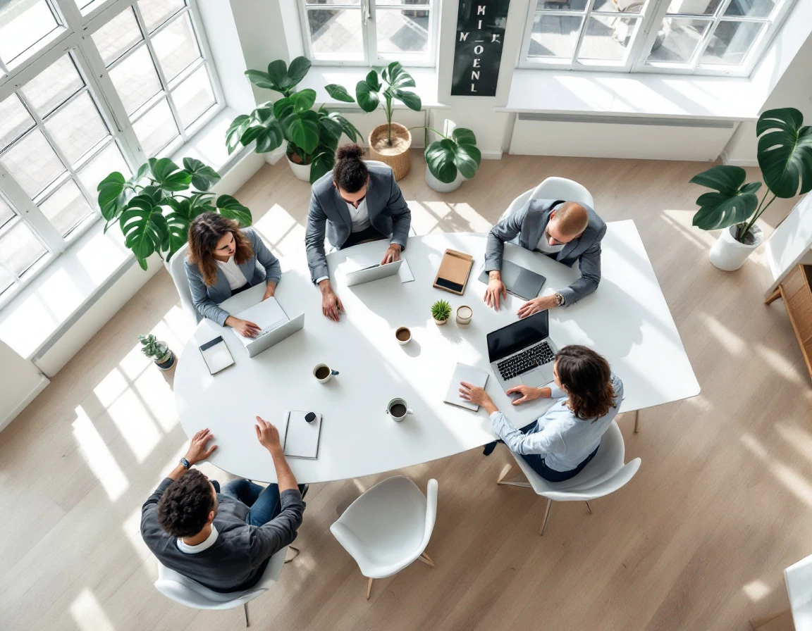 Overhead view of professionals collaborating at modern office table with laptops and notebooks
