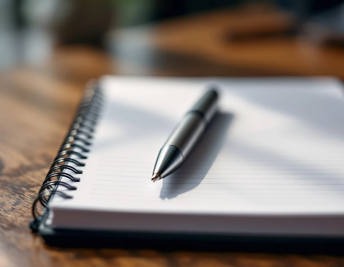 Metal pen resting on open notebook on wooden desk in professional office workspace