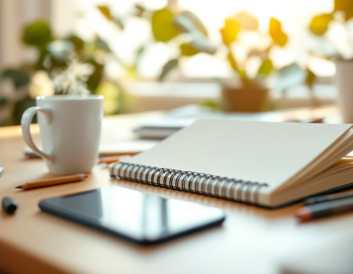 Desk workspace with blank notebook, design tools, coffee, and smartphone in natural light