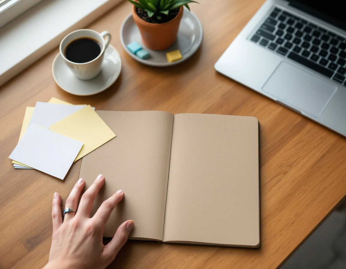 Top-down view of trainer's desk with planning materials, laptop, notebook, and coffee in natural workspace setting