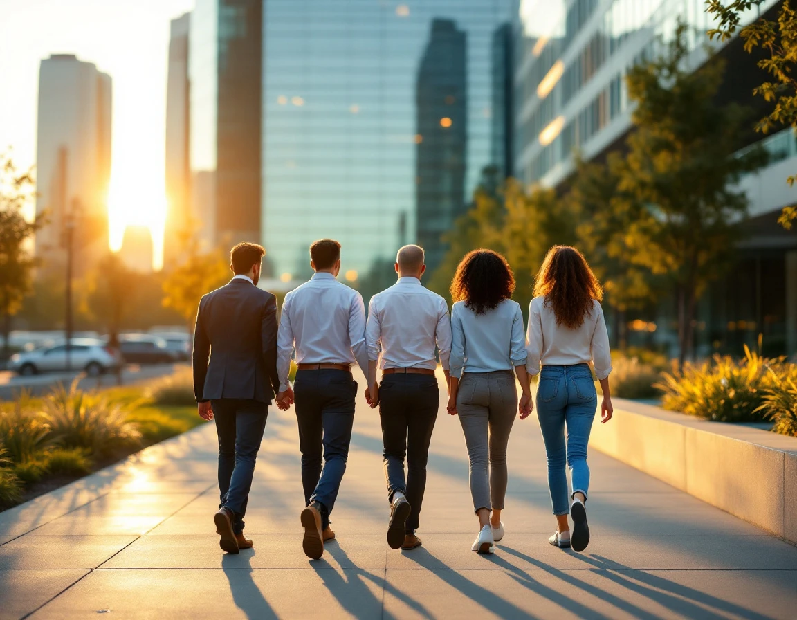 Diverse professionals walking together on modern corporate campus pathway during golden hour