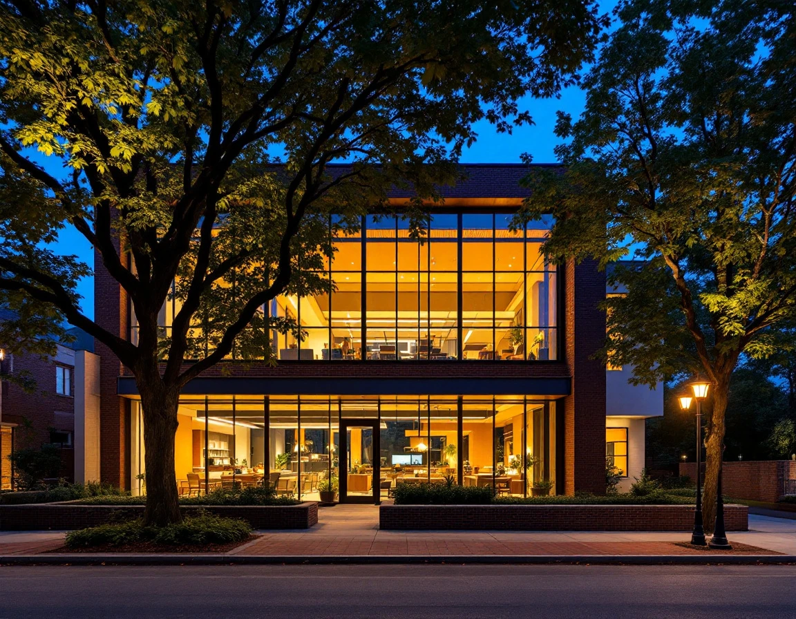 Modern community workspace building illuminated at dusk with glass facades and welcoming ambient lighting