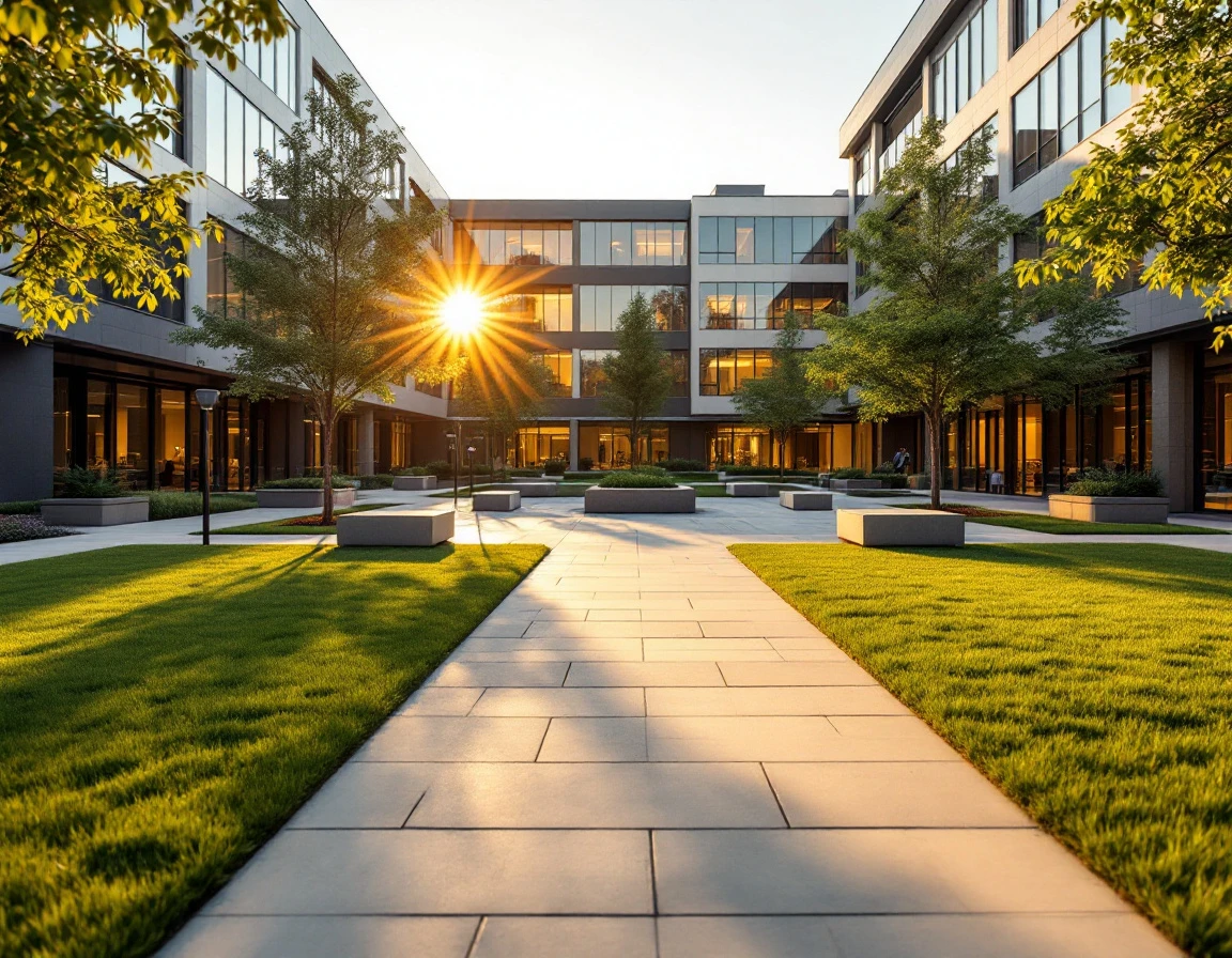 Corporate campus pathways converging toward office buildings at golden hour representing milestone progression