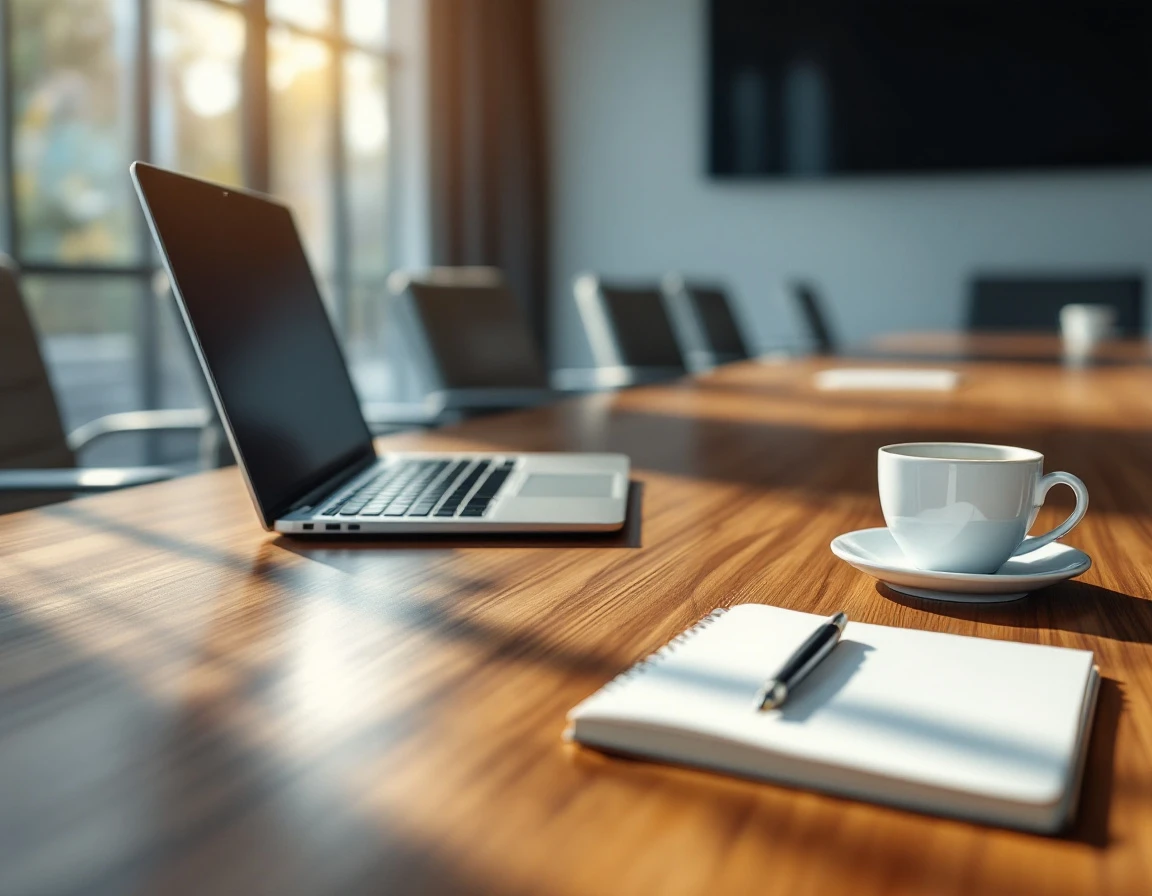 Conference room table with laptop and notebook prepared for unconscious bias training session