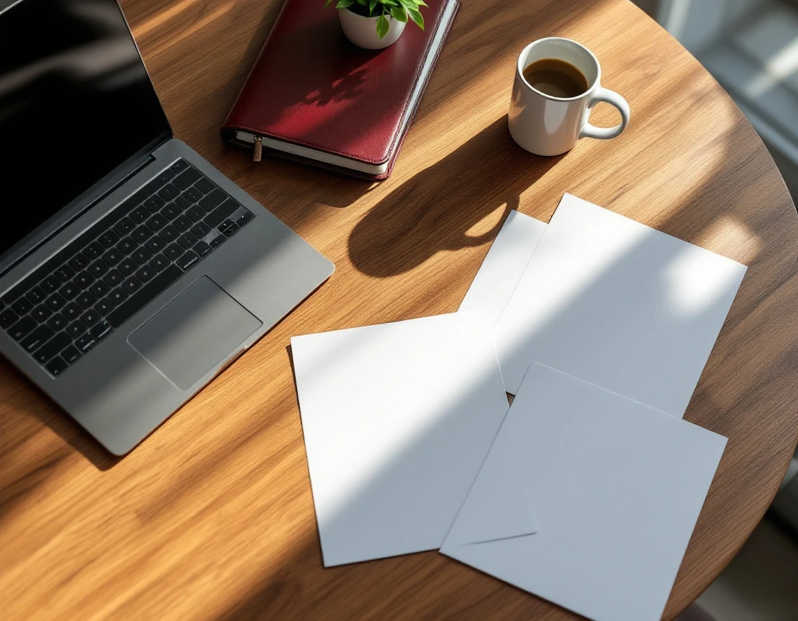 Professional desk setup with laptop, leather portfolio, and abstract documentation materials in office setting
