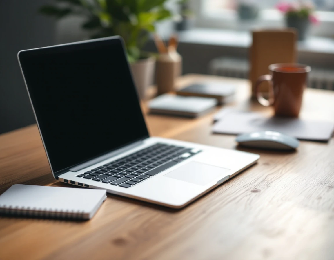 Modern laptop workspace with closed notebook and accessories under natural lighting
