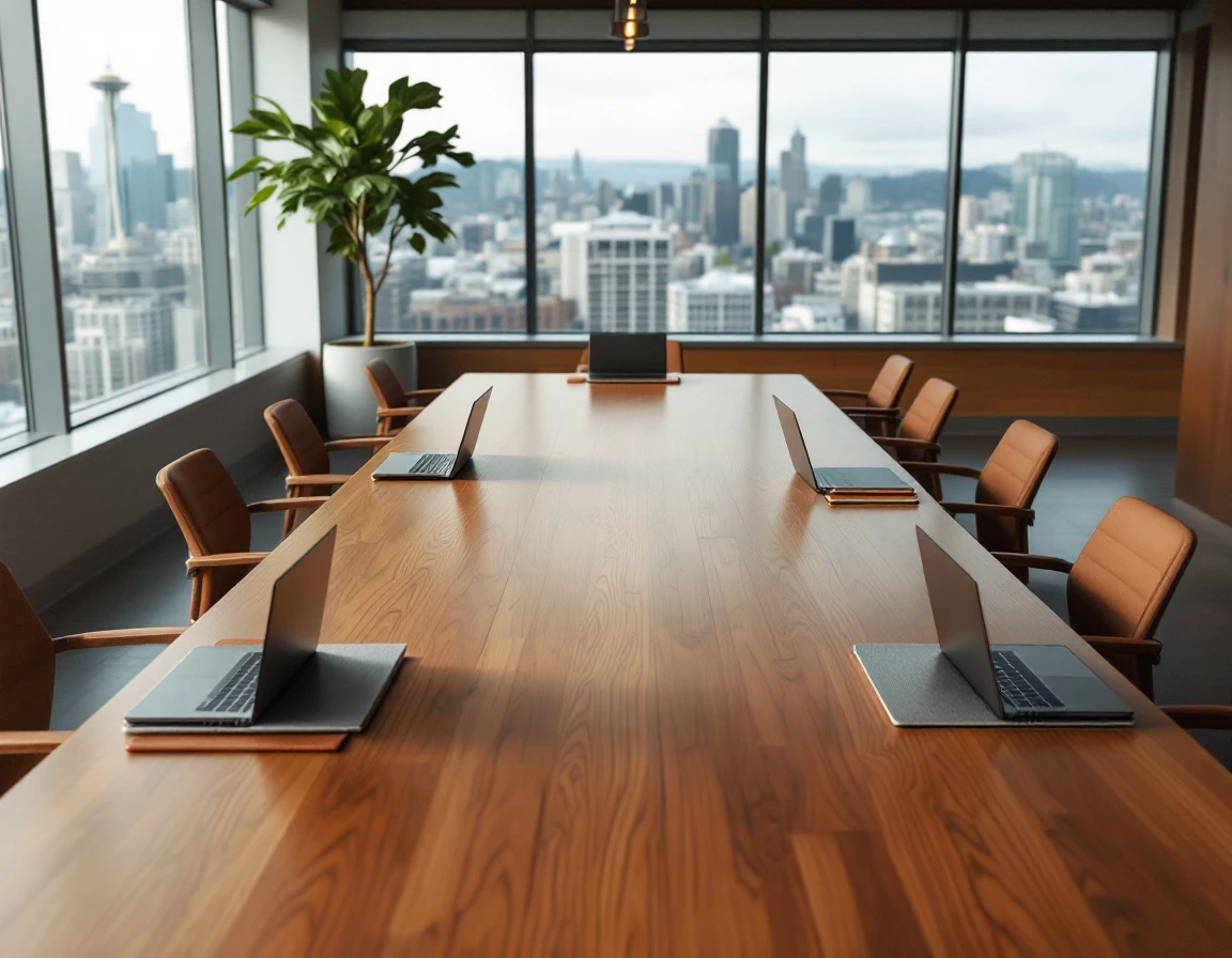 Modern conference room with natural lighting and city skyline, designed for collaborative training sessions