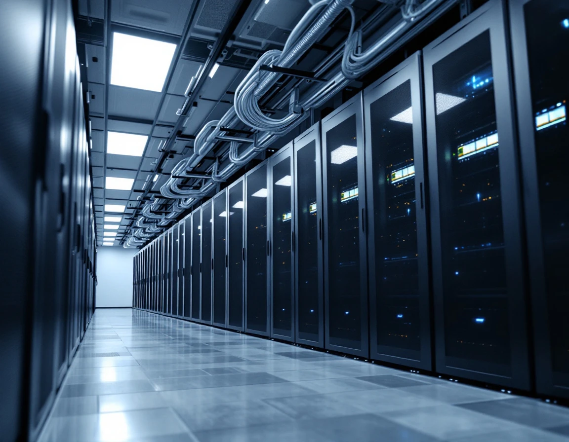 Modern server infrastructure with organized cabling and minimal status indicators in professional data center