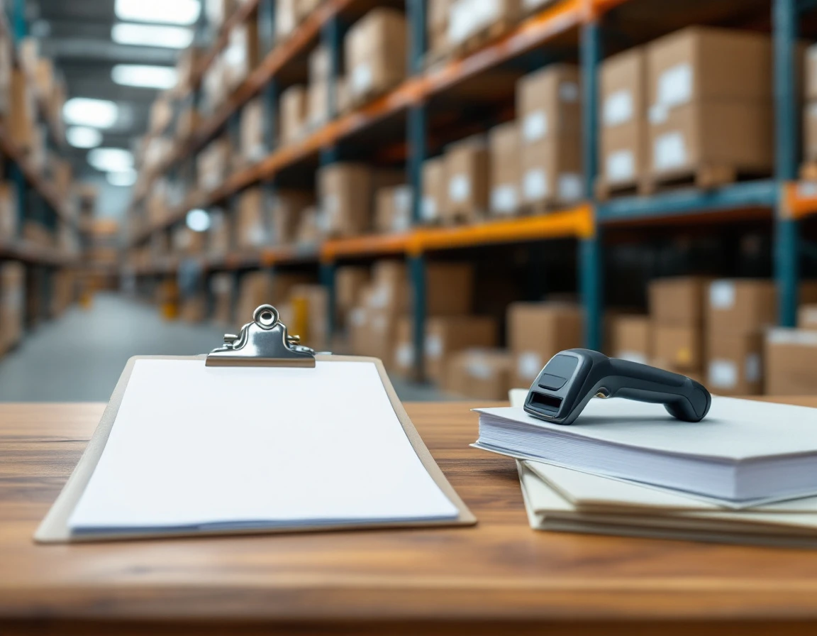 Warehouse training materials including clipboard and barcode scanner on desk with inventory shelving in background