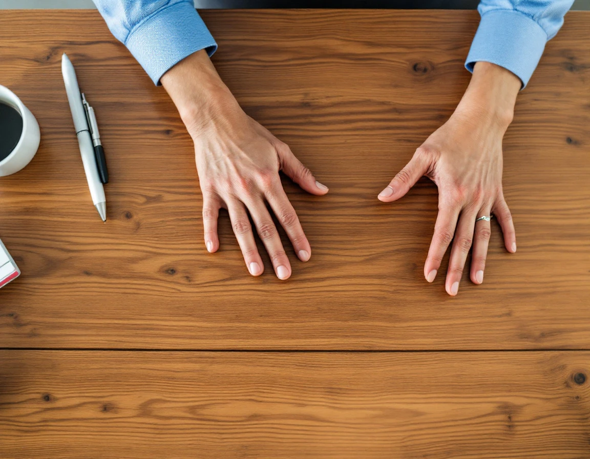 Hands gesturing over wooden retail counter surface during employee training session
