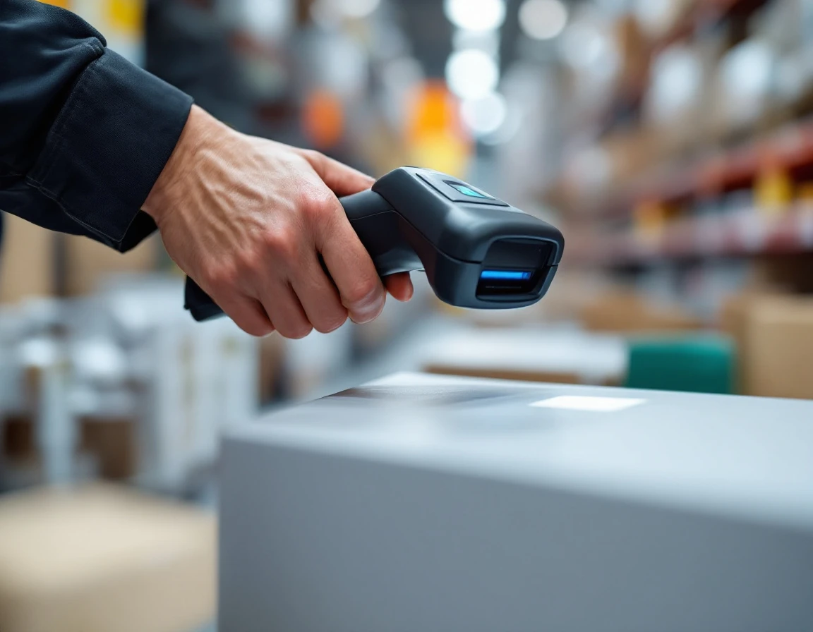 Retail employee hands using inventory scanner on merchandise with security tag in stockroom