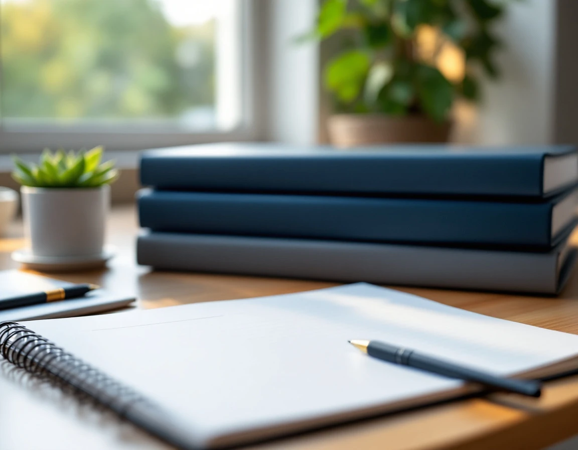Clean desk workspace with open notebook, pens, and training materials for employee evaluation planning