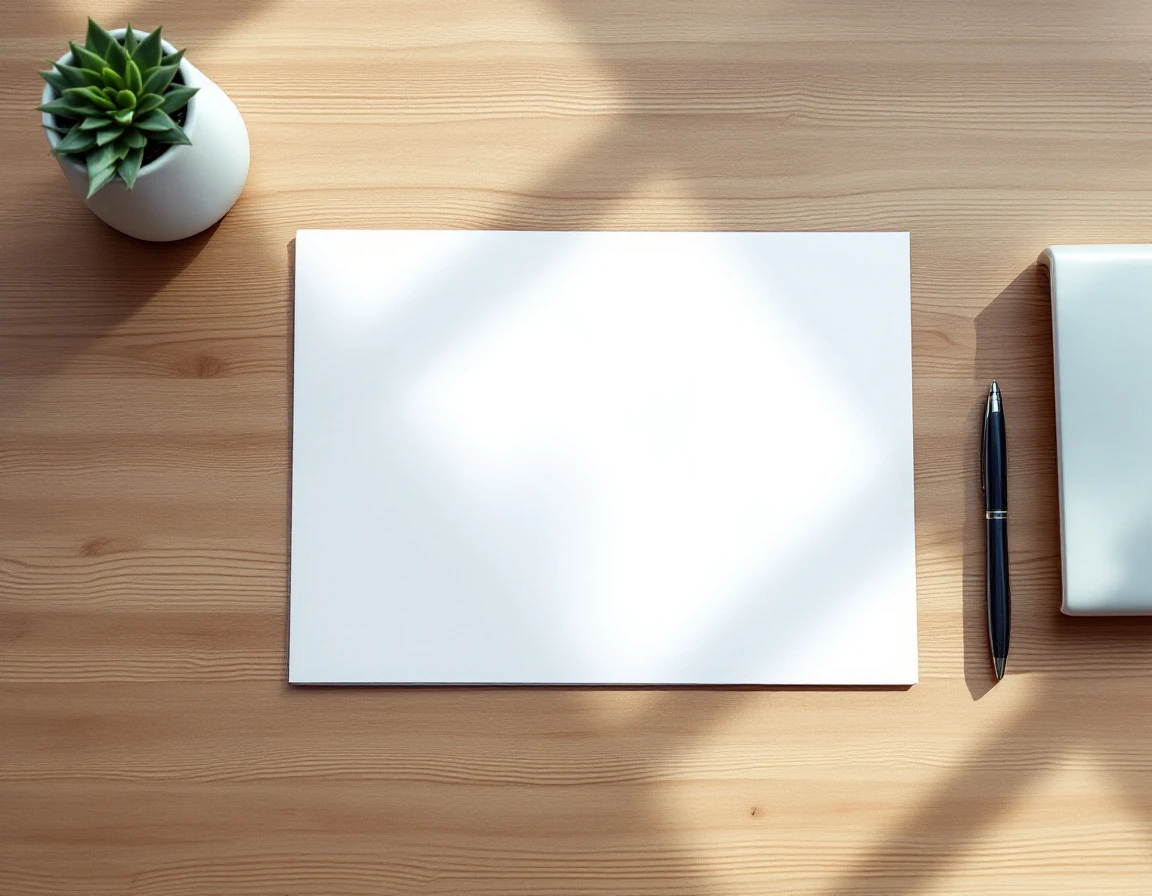 Blank evaluation folder on desk with pen and succulent plant in professional workspace setting