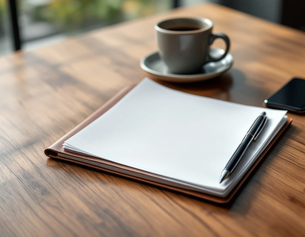 Wooden desk with blank notebook, coffee cup, and pen creating professional evaluation workspace