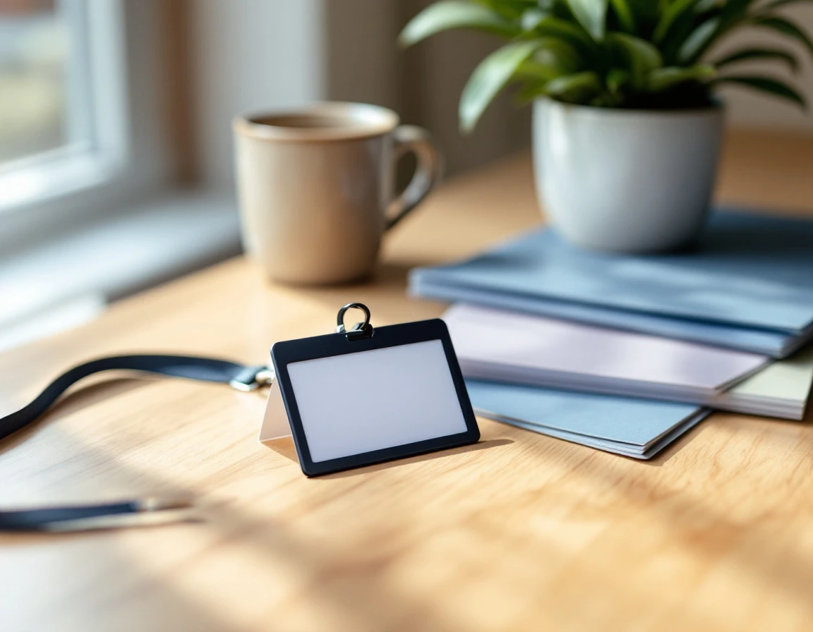 Welcome-back package on office desk with name badge and training materials for returning seasonal employee