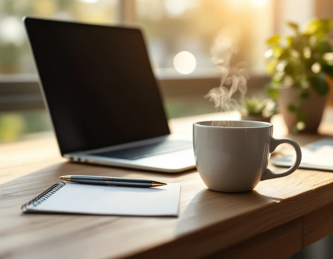 Wooden desk with laptop, coffee cup, pen, and office plants in natural morning light