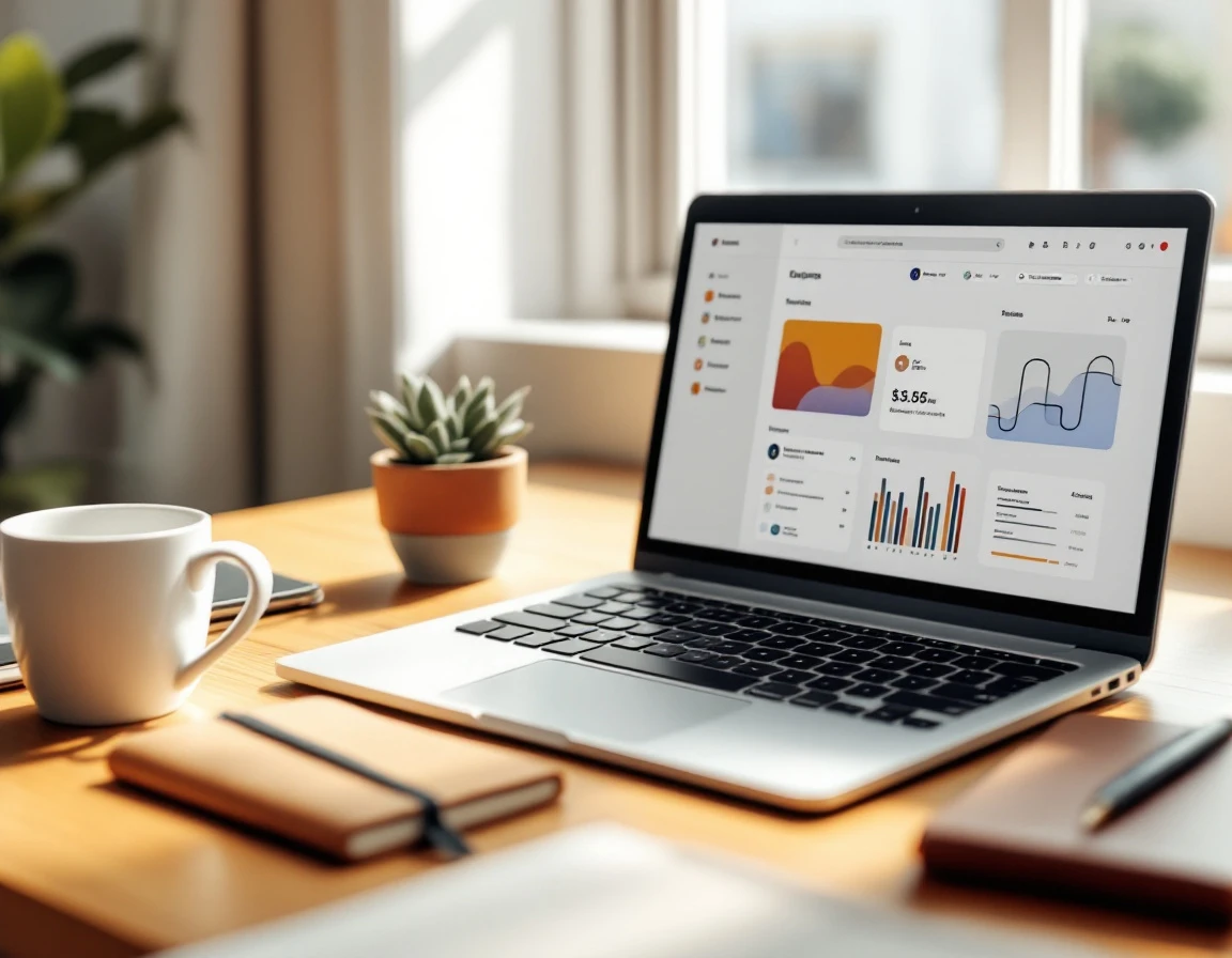 Clean workspace desk with laptop showing abstract interface shapes, coffee mug, and notebook for returning employee training