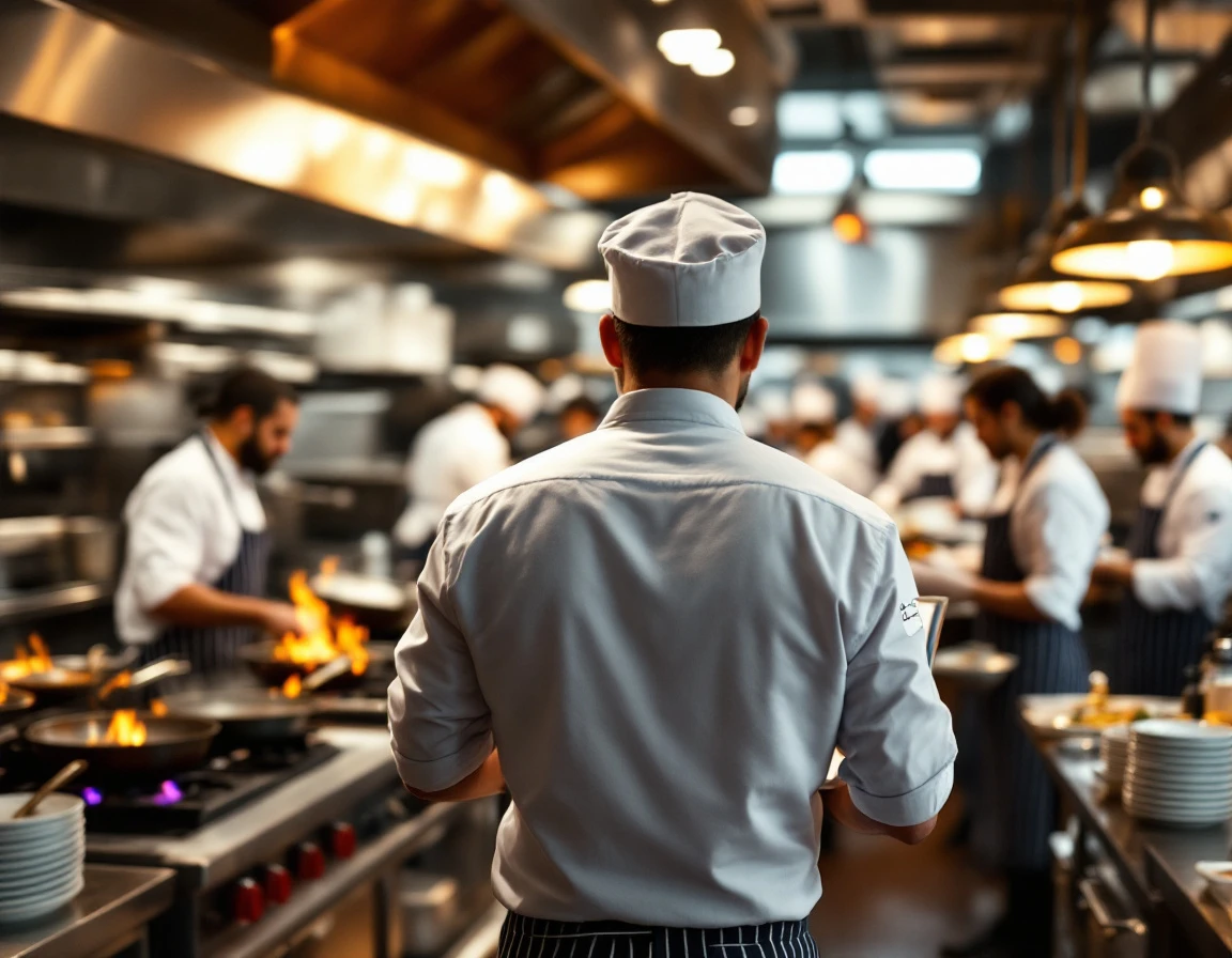 Manager holding clipboard with observation checklist while supervising kitchen staff during busy service