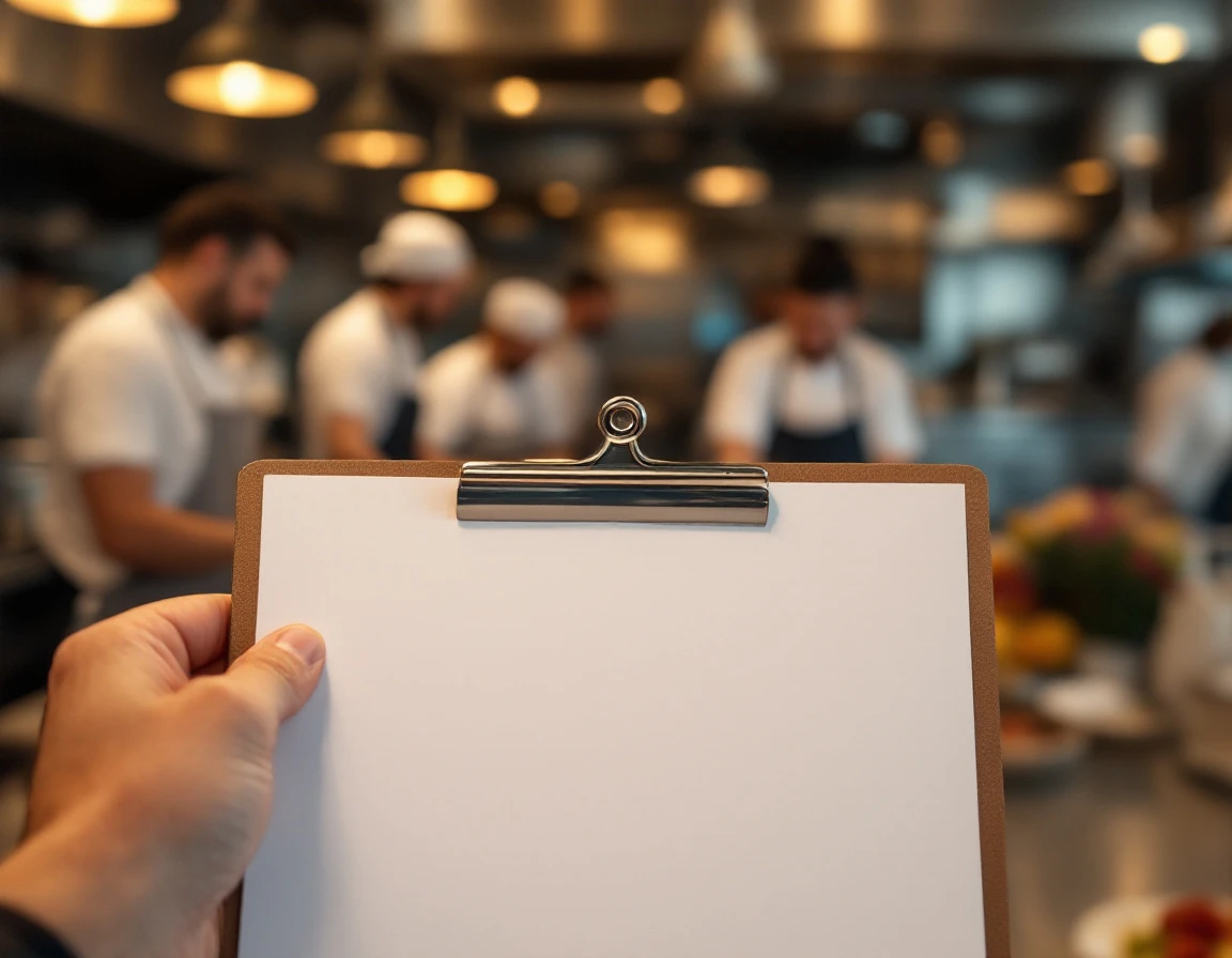 Manager holding clipboard while observing staff during busy restaurant dinner service