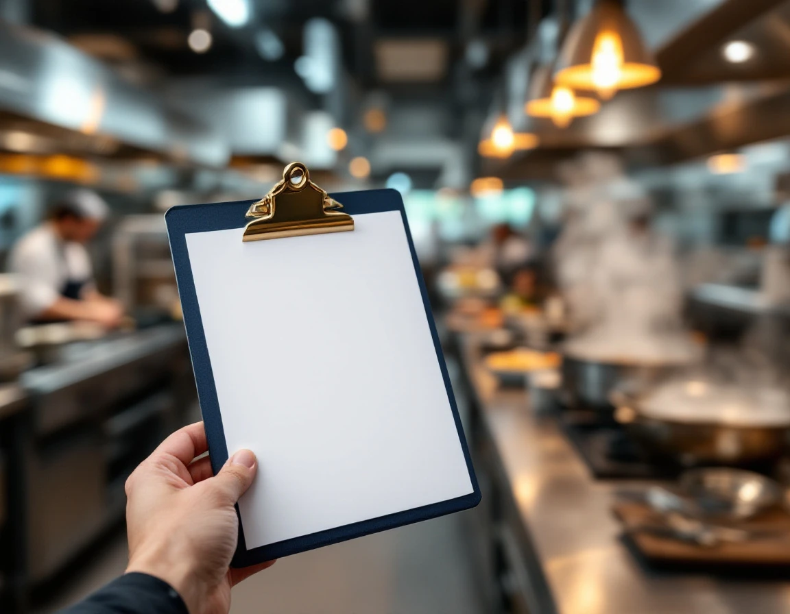 Manager holding blank observation checklist in busy restaurant kitchen during dinner service rush