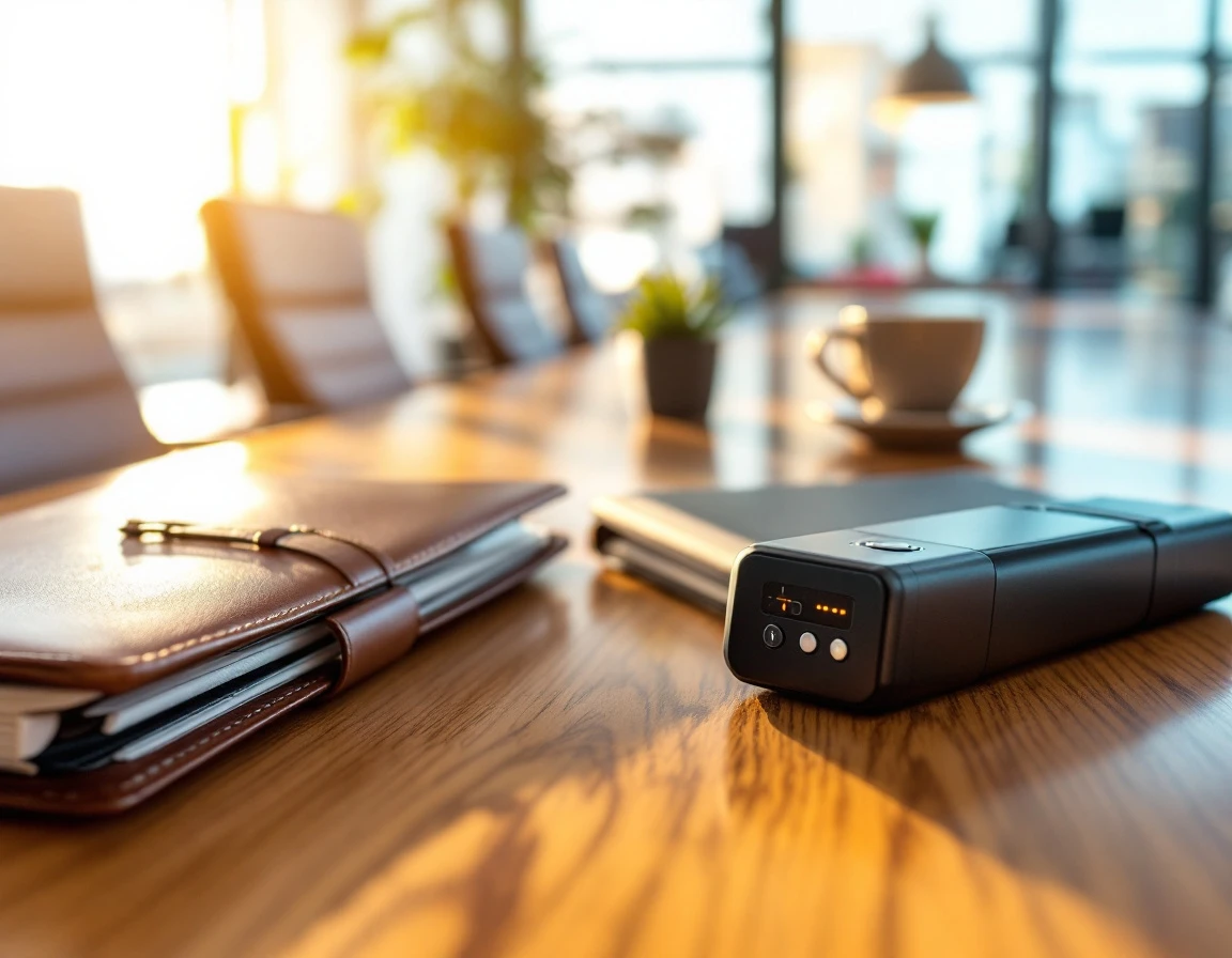 Recording device on conference table in modern office setting representing workplace recording compliance