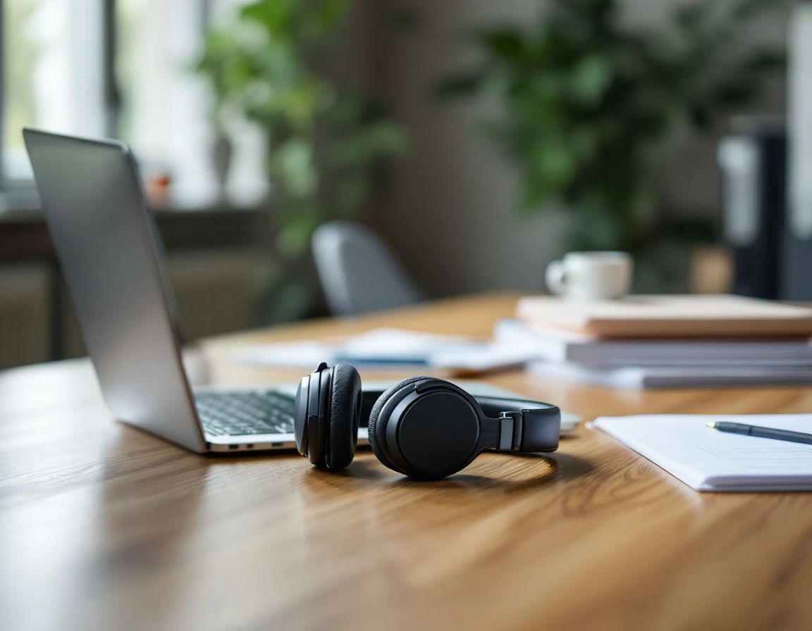 Professional workspace with laptop, headphones, and compliance training materials on wooden desk